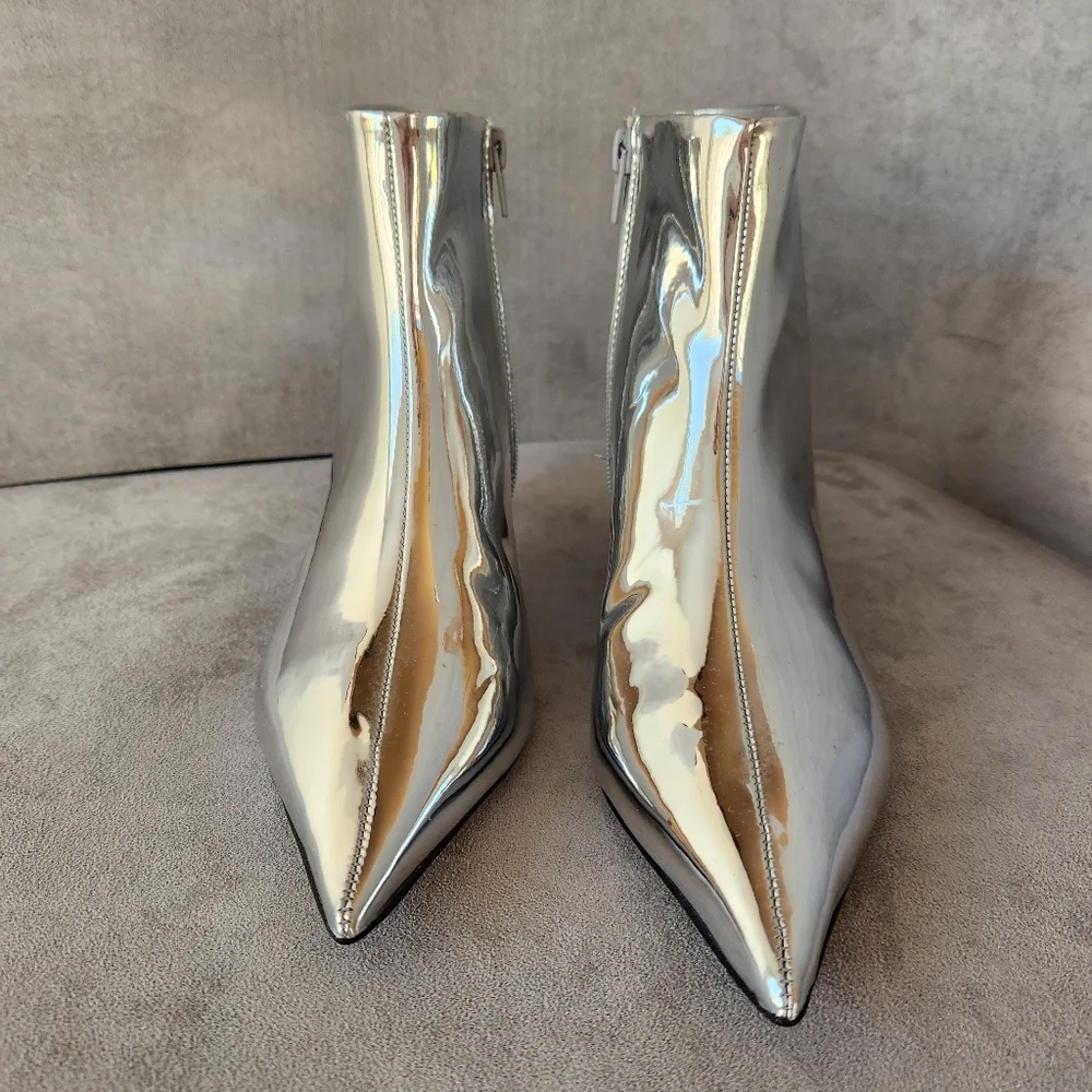 Gianni Bini Booties 6.5 Silver Mirror Georgina Kitten Heels Pointed Toe New $140